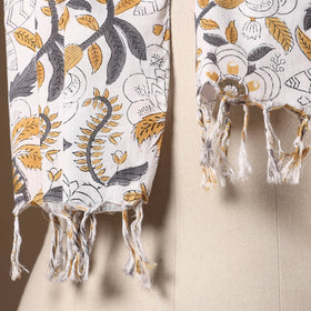 White - cotton sanganeri stole with tassels 09 - handcrafted