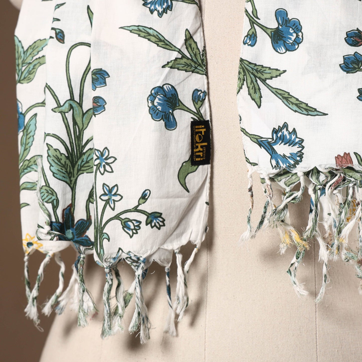 White - cotton sanganeri stole with tassels 12 - handcrafted