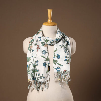 White - cotton sanganeri stole with tassels 12 - handcrafted