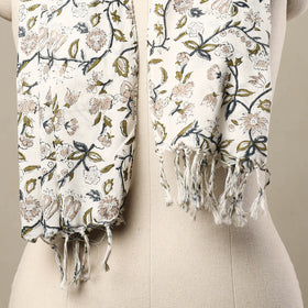  Block Print Cotton White Sanganeri Stole with Tassels