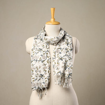  Block Print Cotton White Sanganeri Stole with Tassels