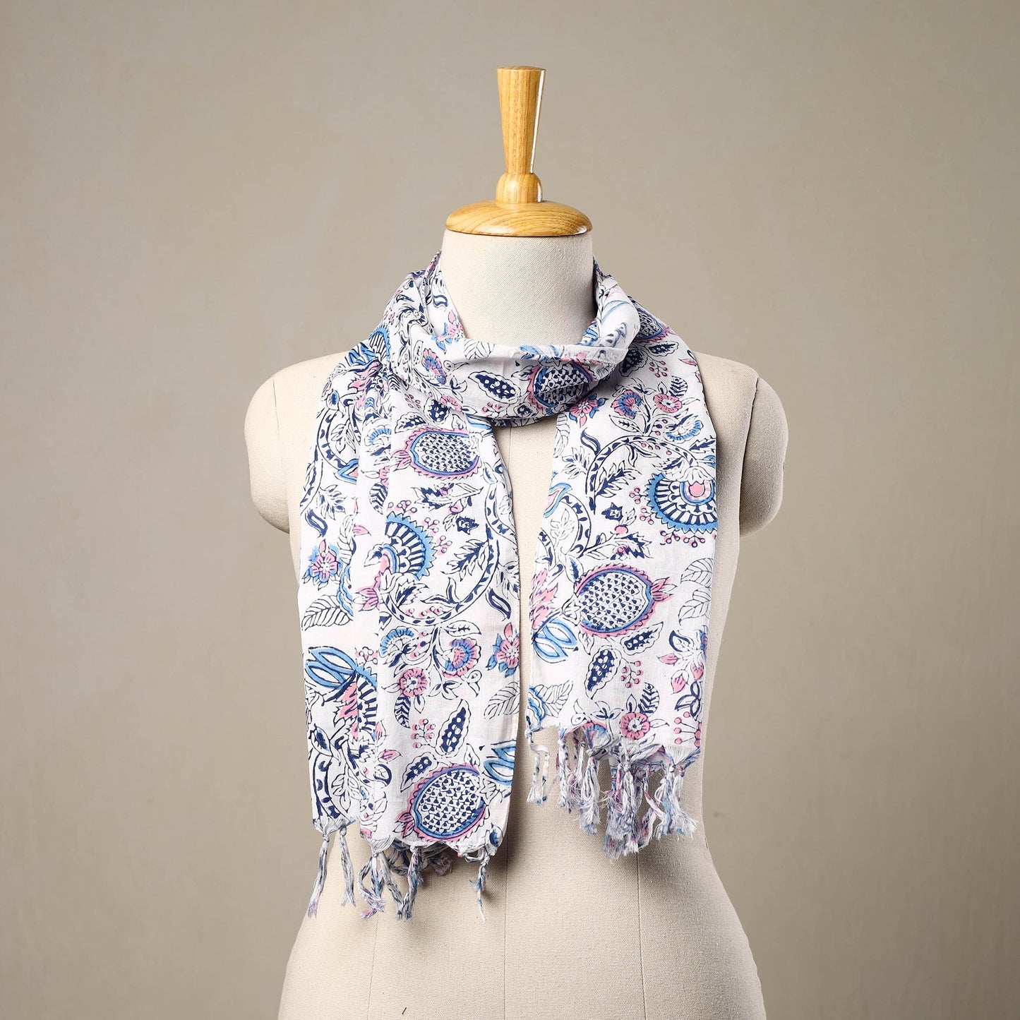  White Block Print Cotton Sanganeri Stole with Tassels