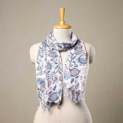  White Block Print Cotton Sanganeri Stole with Tassels