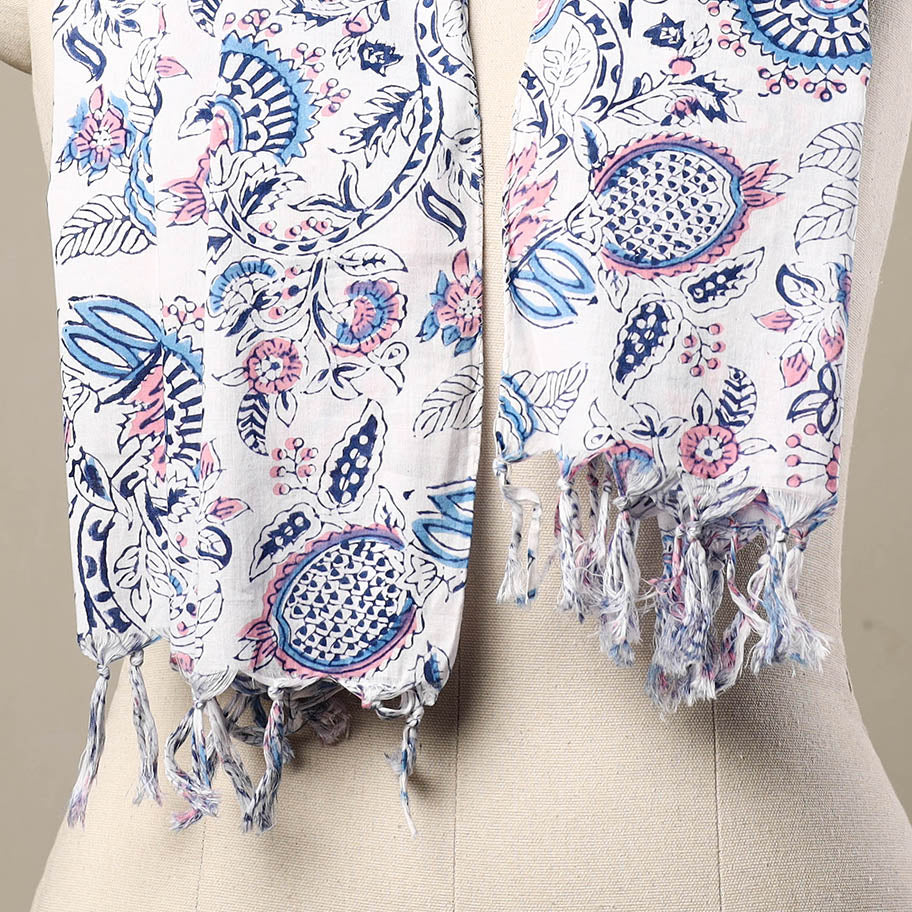  White Block Print Cotton Sanganeri Stole with Tassels