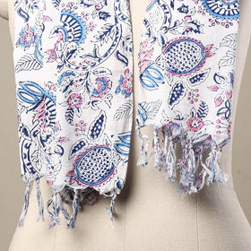  White Block Print Cotton Sanganeri Stole with Tassels
