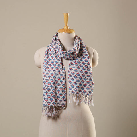 White Block Print Cotton Sanganeri Stole with Tassels