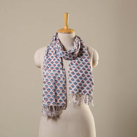 White Block Print Cotton Sanganeri Stole with Tassels