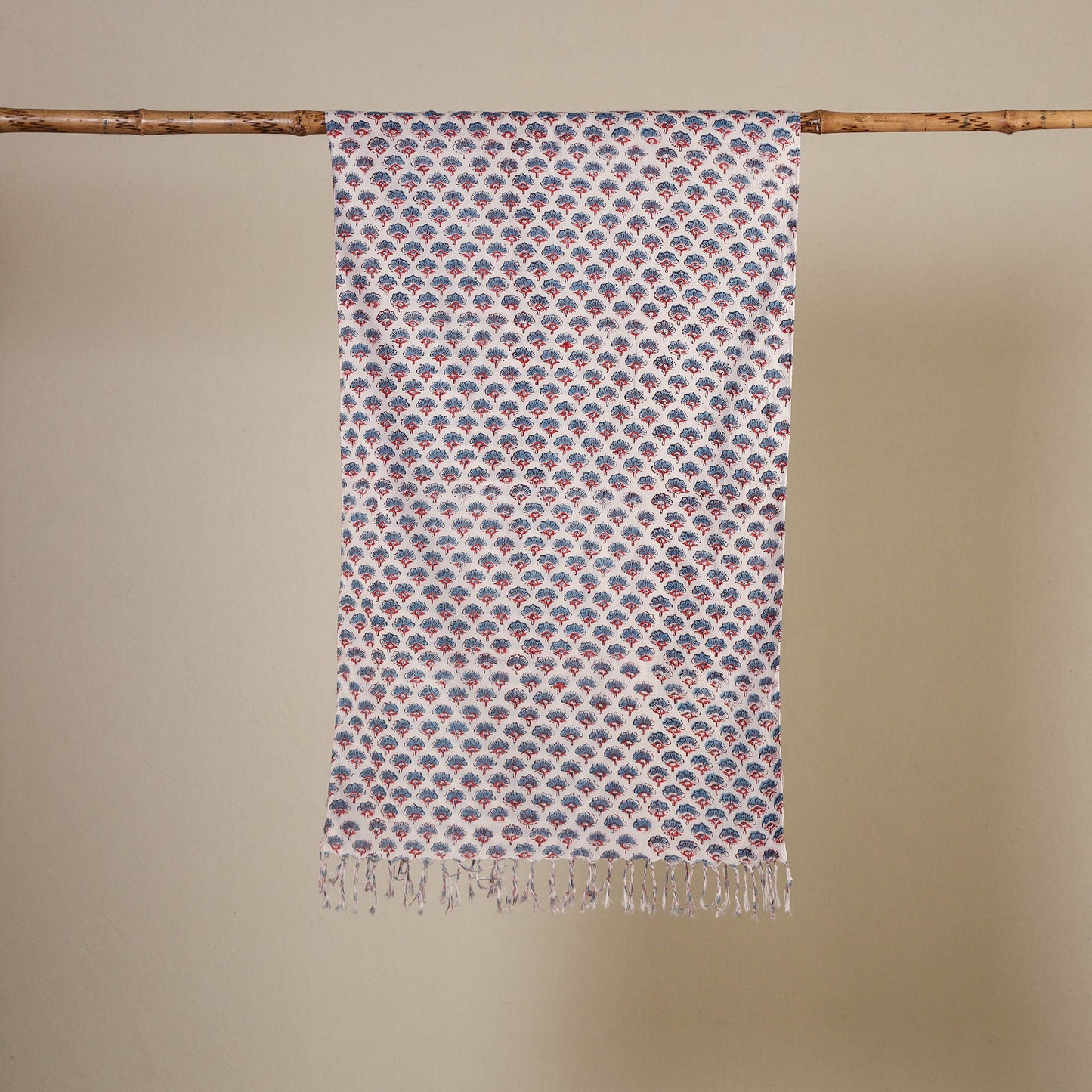 White Block Print Cotton Sanganeri Stole with Tassels