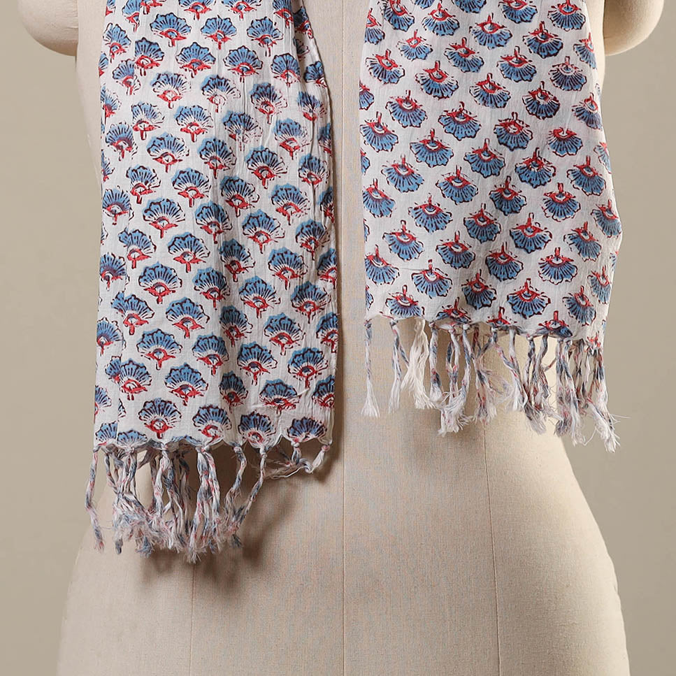 White Block Print Cotton Sanganeri Stole with Tassels