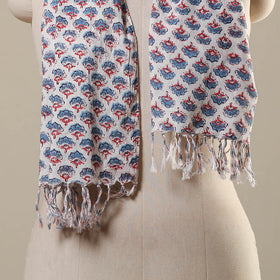 White Block Print Cotton Sanganeri Stole with Tassels