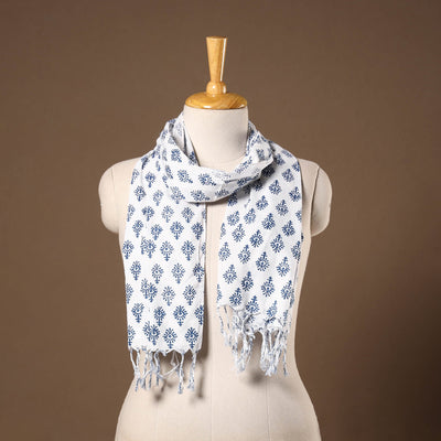 White - cotton sanganeri stole with tassels 22 - handcrafted