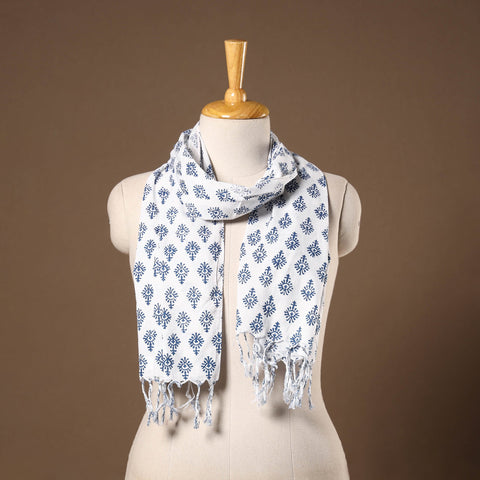 White - cotton sanganeri stole with tassels 22 - handcrafted