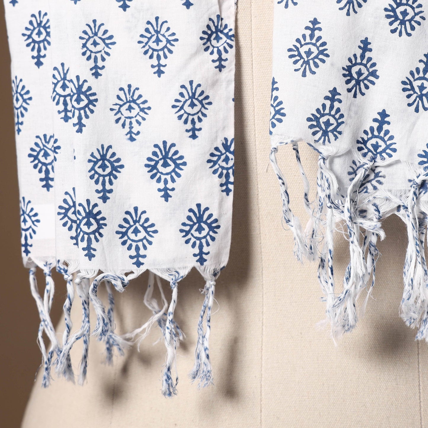 White - cotton sanganeri stole with tassels 22 - handcrafted