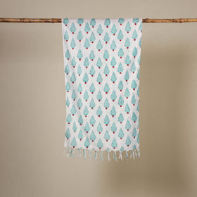 White Block Print Cotton Sanganeri Stole with Tassels