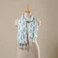 White Block Print Cotton Sanganeri Stole with Tassels
