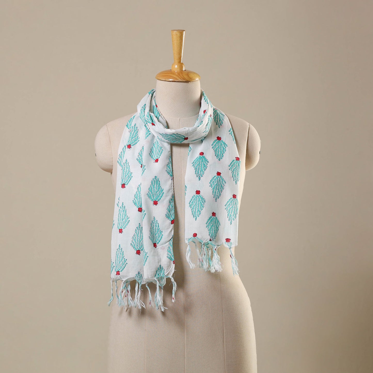 White Block Print Cotton Sanganeri Stole with Tassels