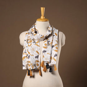 White - cotton sanganeri stole with tassels 35 - handcrafted