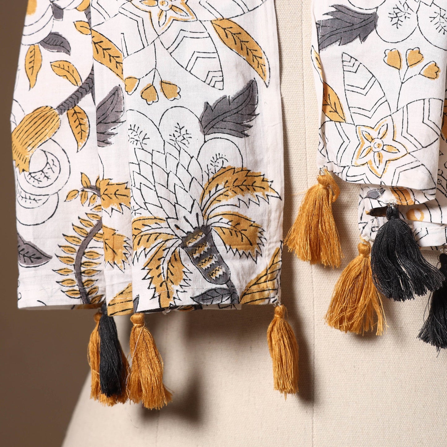 White - cotton sanganeri stole with tassels 35 - handcrafted