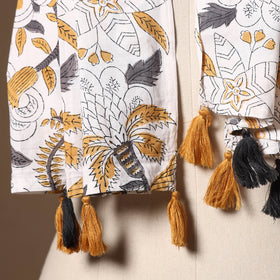 White - cotton sanganeri stole with tassels 35 - handcrafted