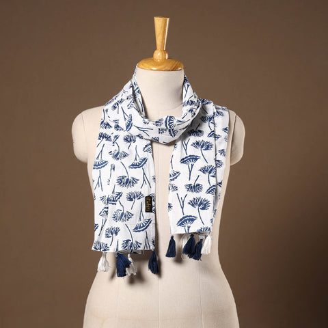 White - cotton sanganeri stole with tassels 36 - handcrafted