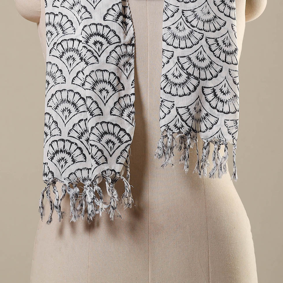 White Block Print Cotton Sanganeri Stole with Tassels