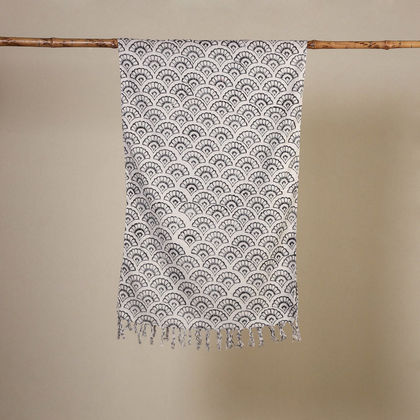 White Block Print Cotton Sanganeri Stole with Tassels