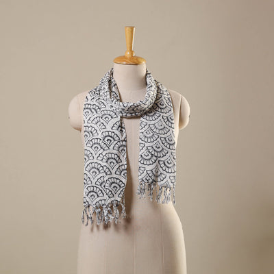 White Block Print Cotton Sanganeri Stole with Tassels