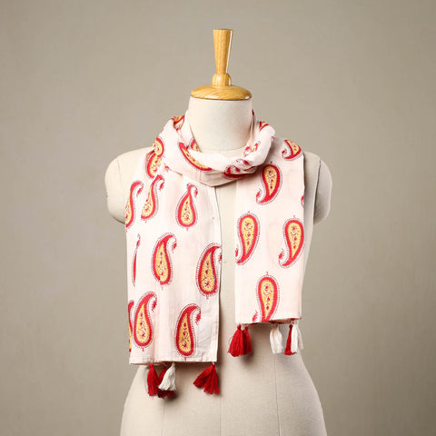  White Block Print Cotton Sanganeri Stole with Tassels