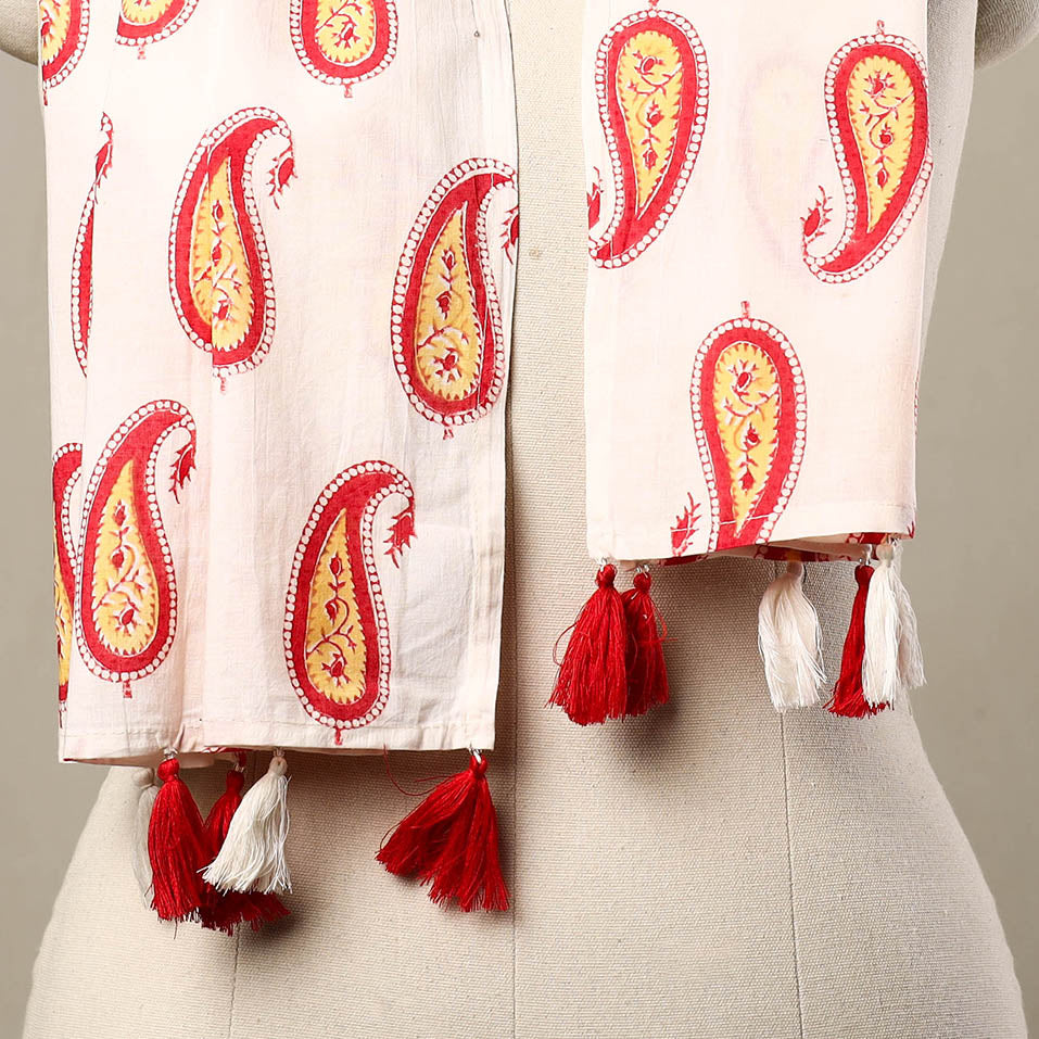  White Block Print Cotton Sanganeri Stole with Tassels