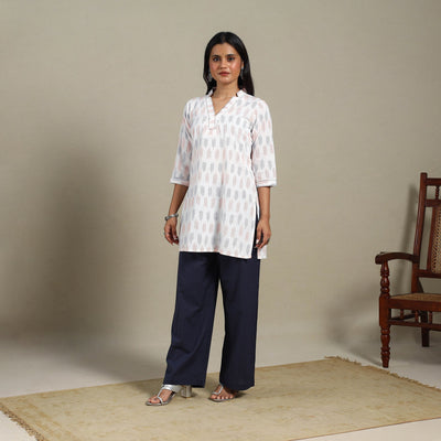 White - cotton short pochampally ikat kurta with embroidery
