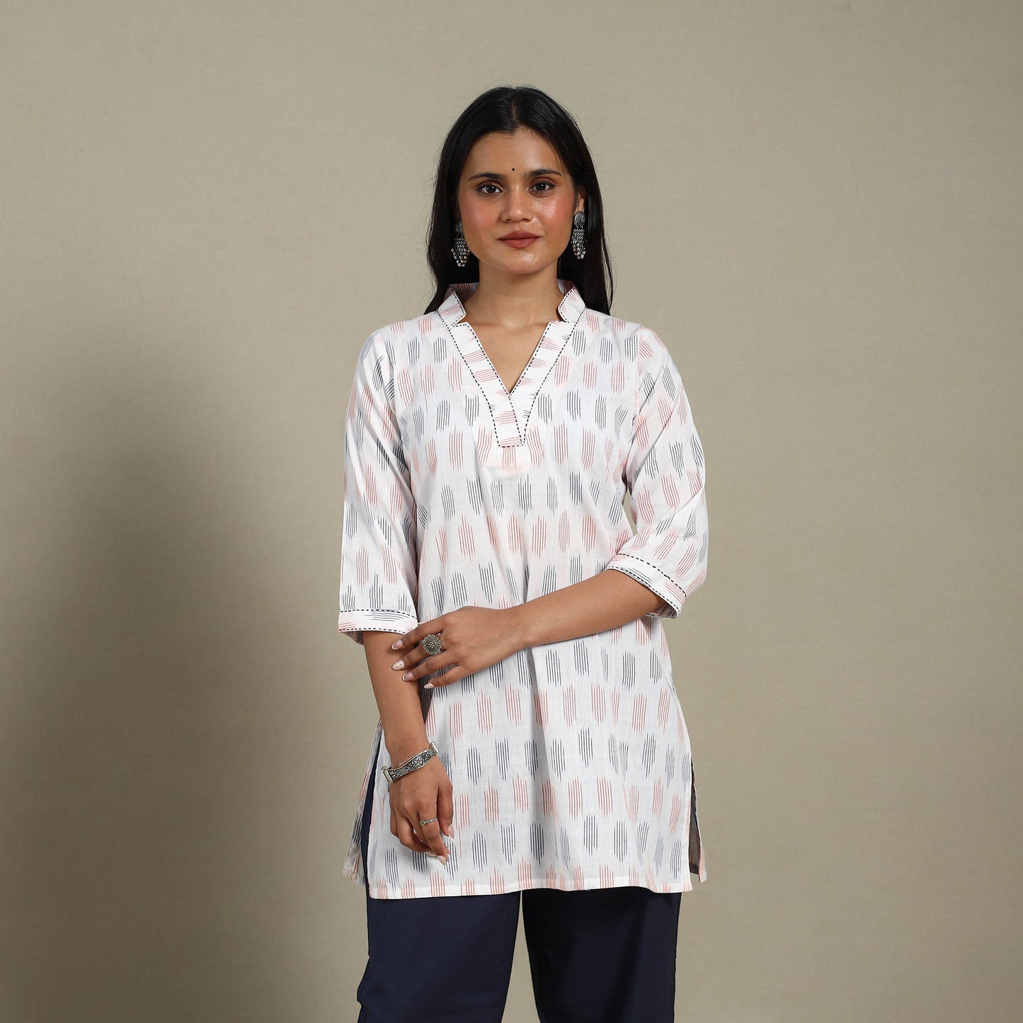 White - cotton short pochampally ikat kurta with embroidery