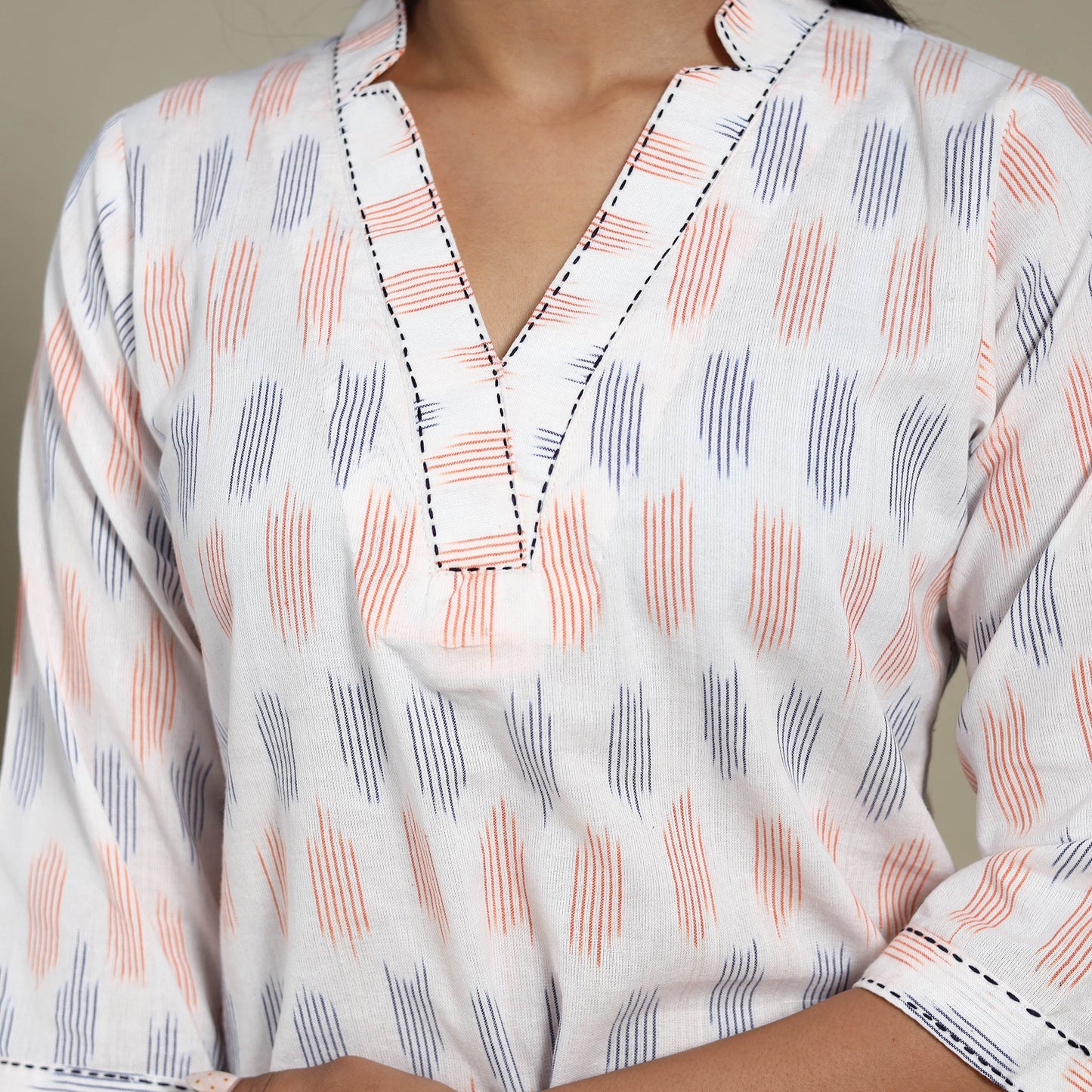 White - cotton short pochampally ikat kurta with embroidery
