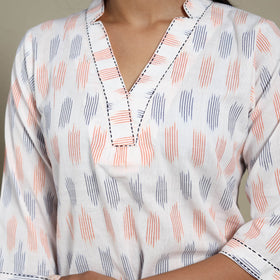 White - cotton short pochampally ikat kurta with embroidery