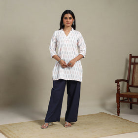 White - cotton short pochampally ikat kurta with embroidery