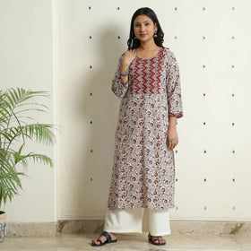  White Block Print Cotton Straight Bagh Kurta for Women