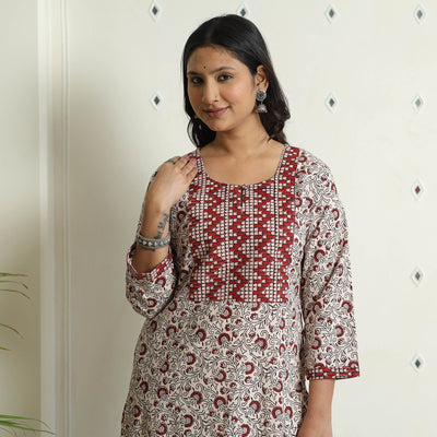 White Block Print Cotton Straight Bagh Kurta for Women