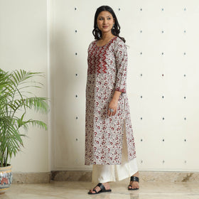  White Block Print Cotton Straight Bagh Kurta for Women
