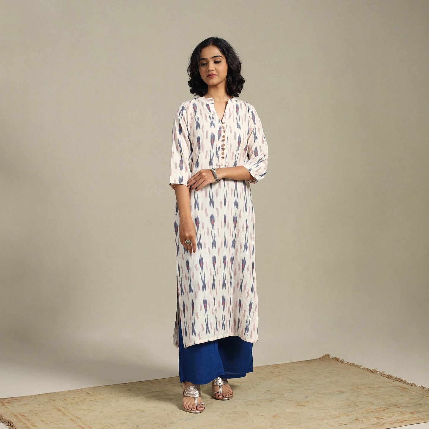 White Cotton Straight Pochampally Ikat Kurta