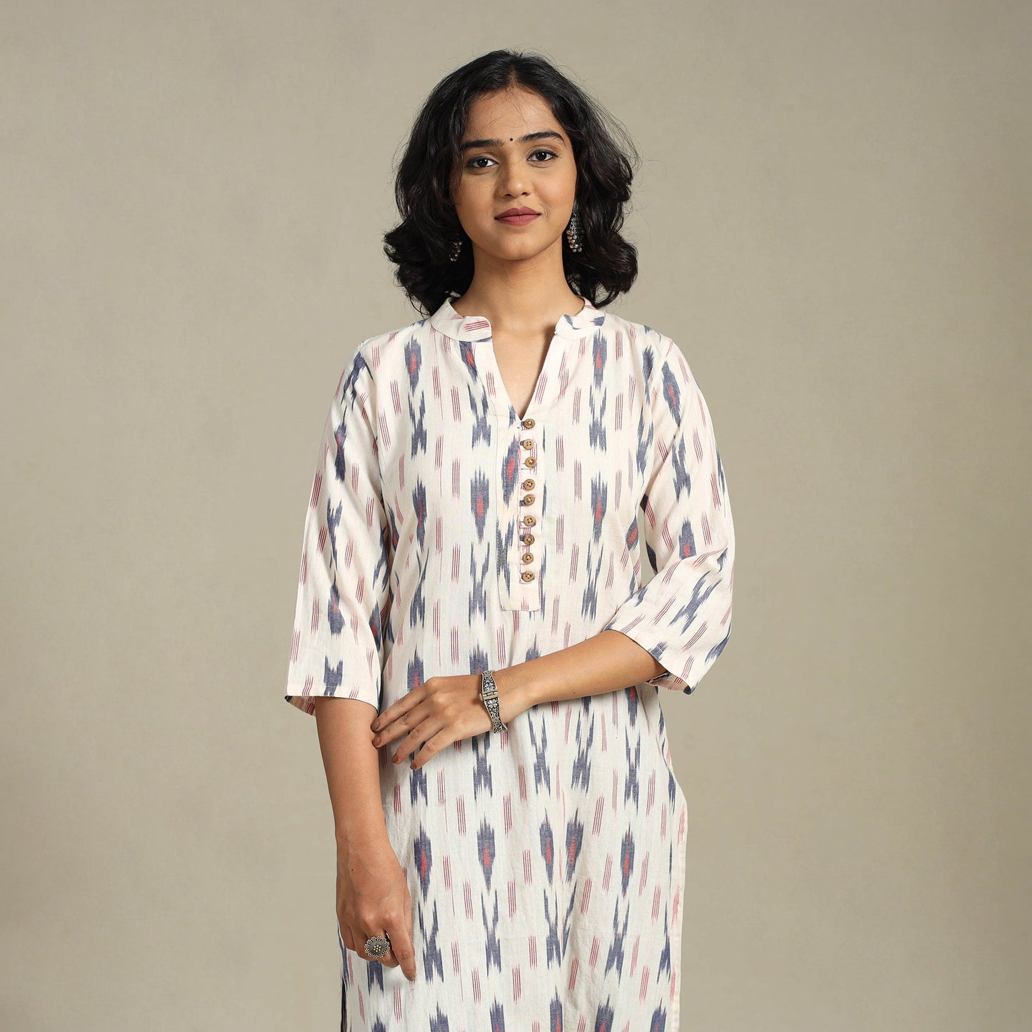 White Cotton Straight Pochampally Ikat Kurta