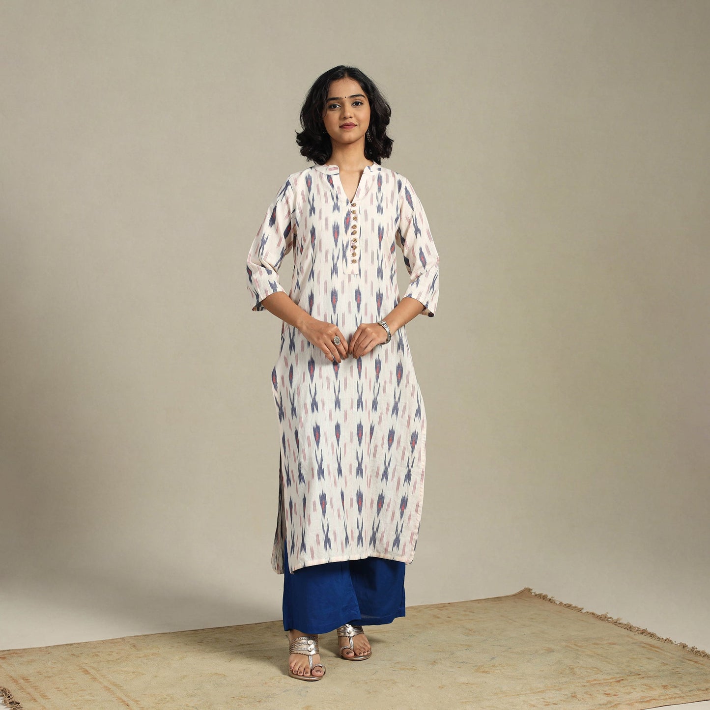 White Cotton Straight Pochampally Ikat Kurta