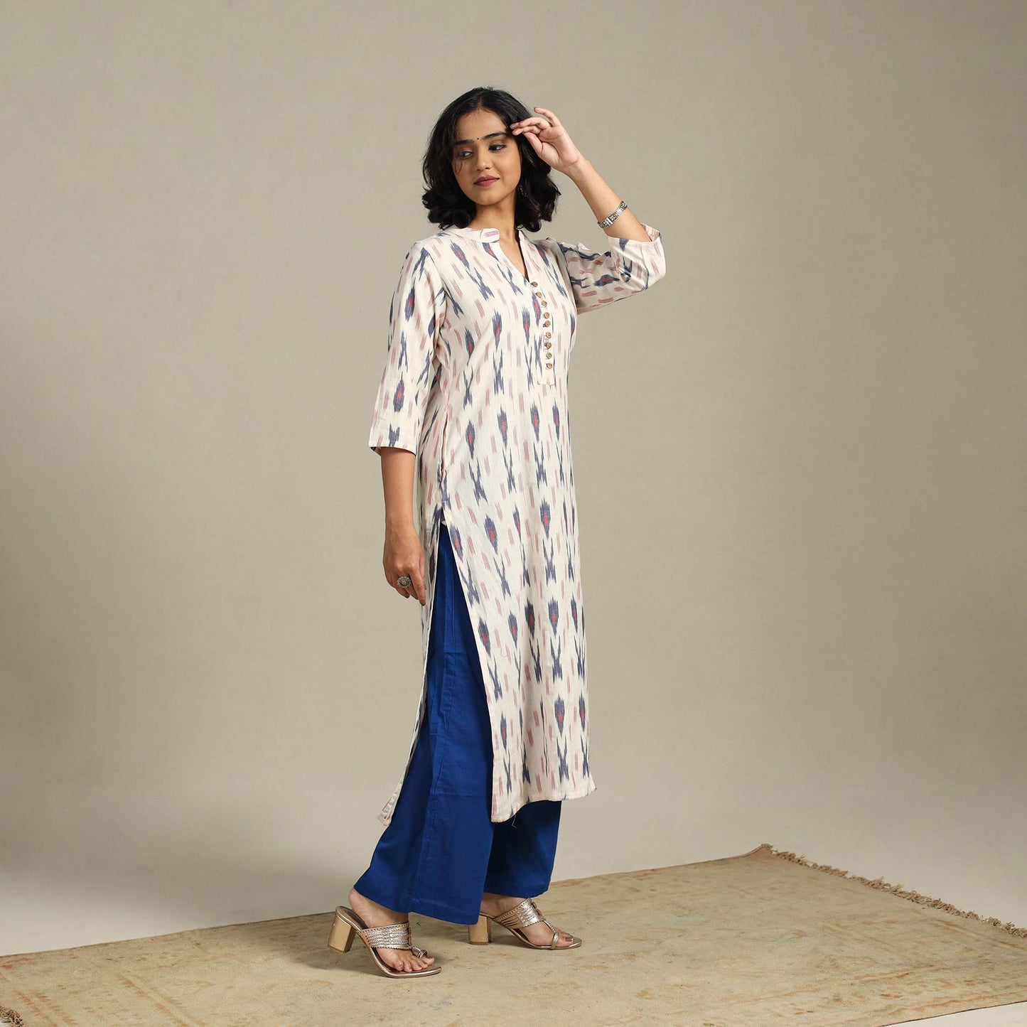 White Cotton Straight Pochampally Ikat Kurta