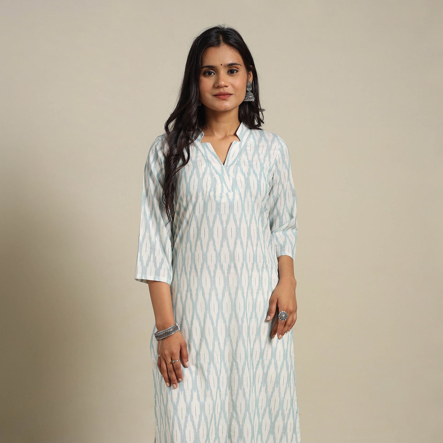 White Cotton Straight Pochampally Ikat Kurta