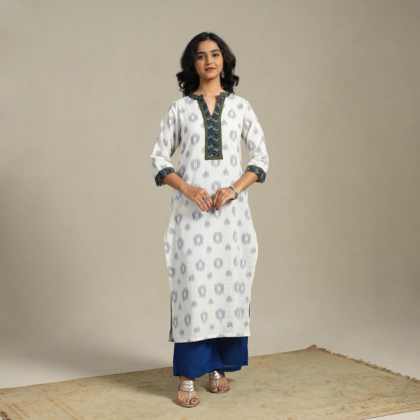 White Cotton Straight Pochampally Ikat Kurta