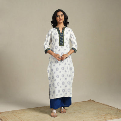 White Cotton Straight Pochampally Ikat Kurta