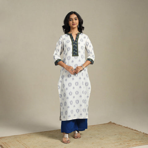 White Cotton Straight Pochampally Ikat Kurta