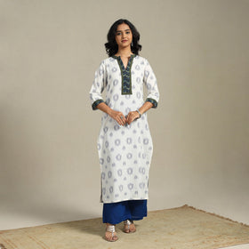 White Cotton Straight Pochampally Ikat Kurta