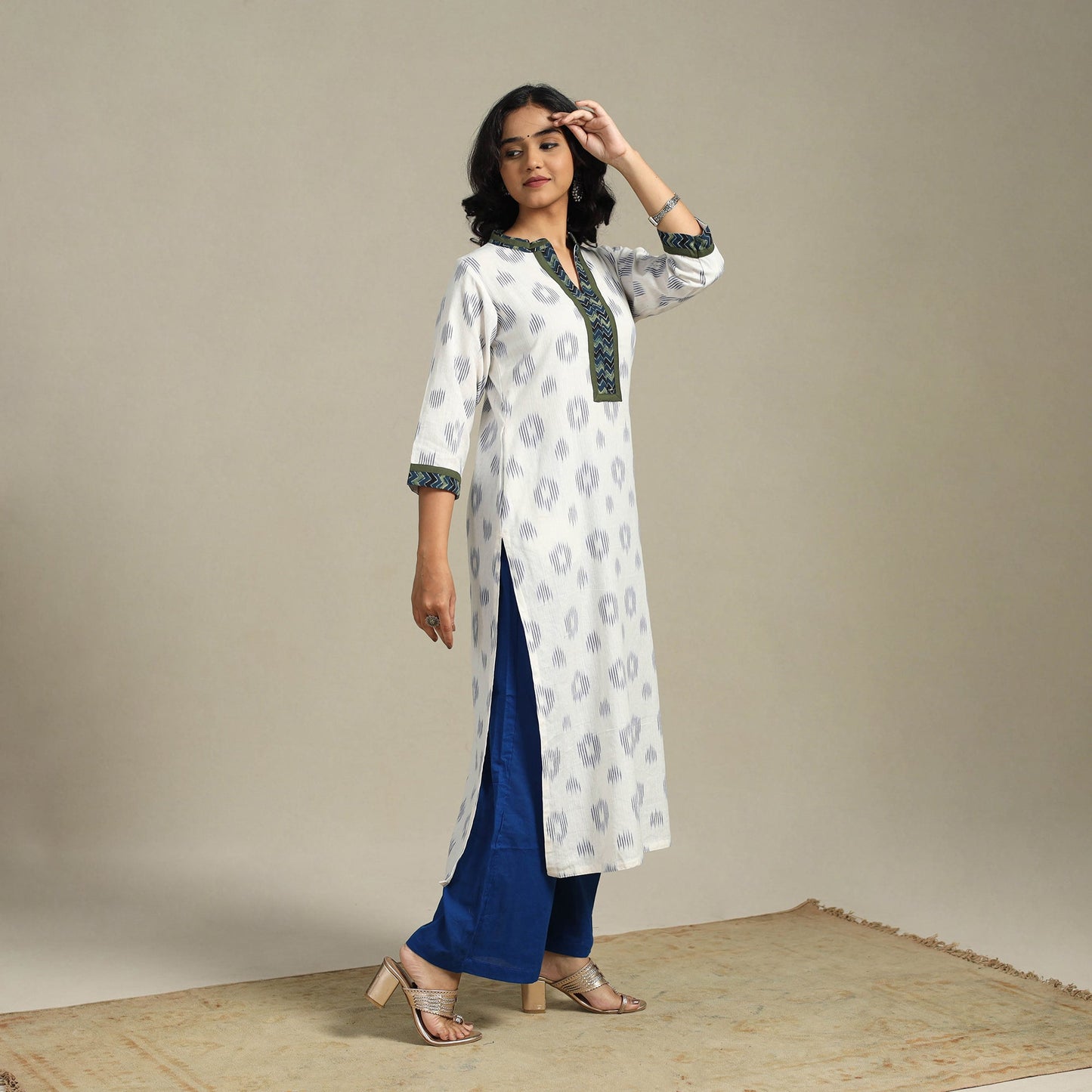 White Cotton Straight Pochampally Ikat Kurta