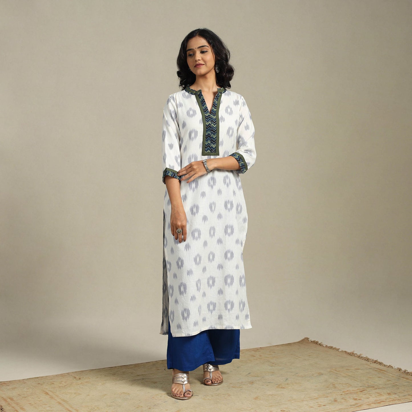 White Cotton Straight Pochampally Ikat Kurta