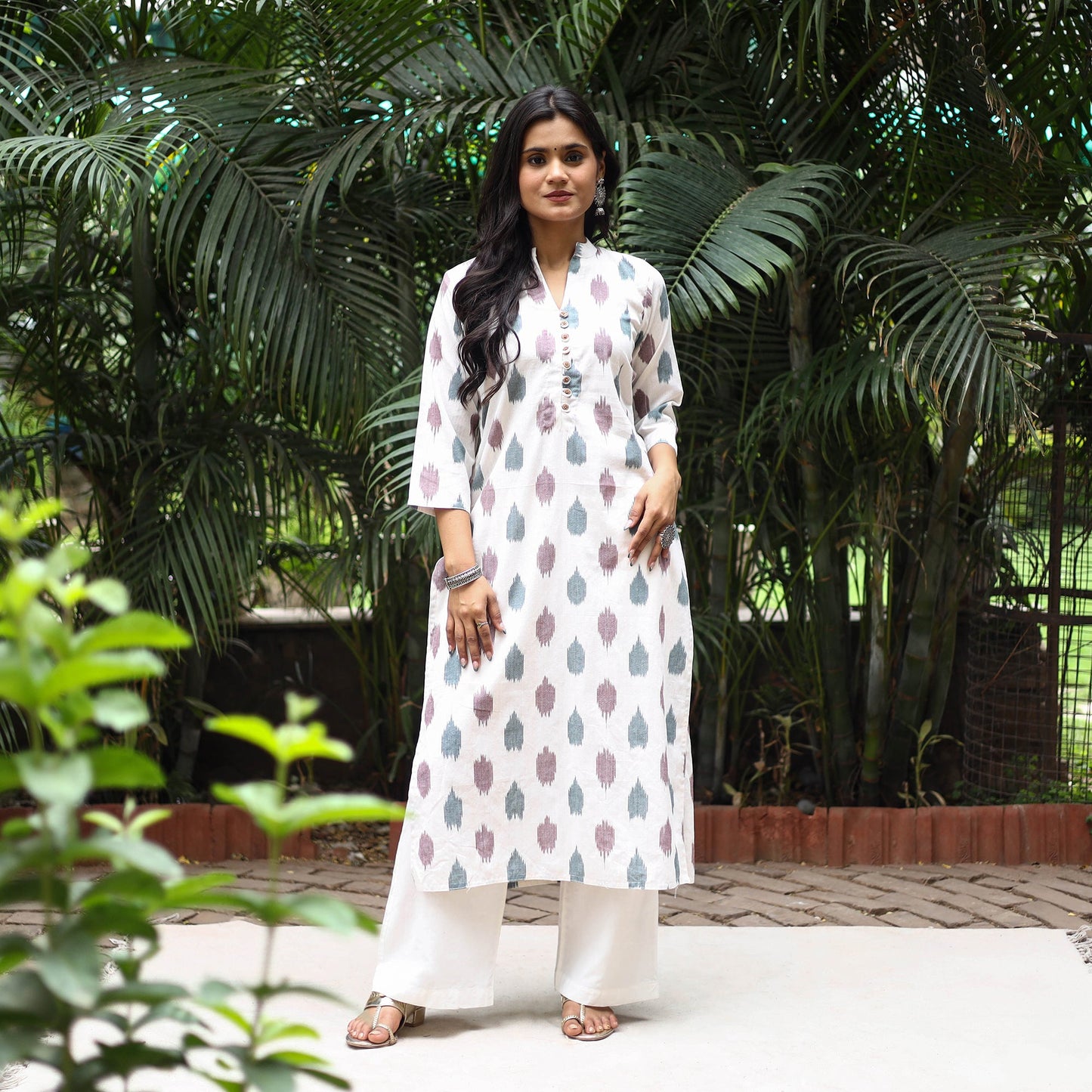White - cotton straight pochampally ikat kurta 14