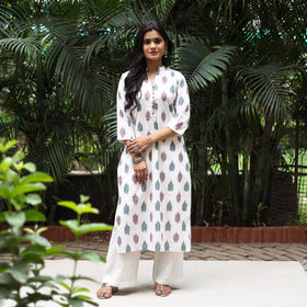 White - cotton straight pochampally ikat kurta 14